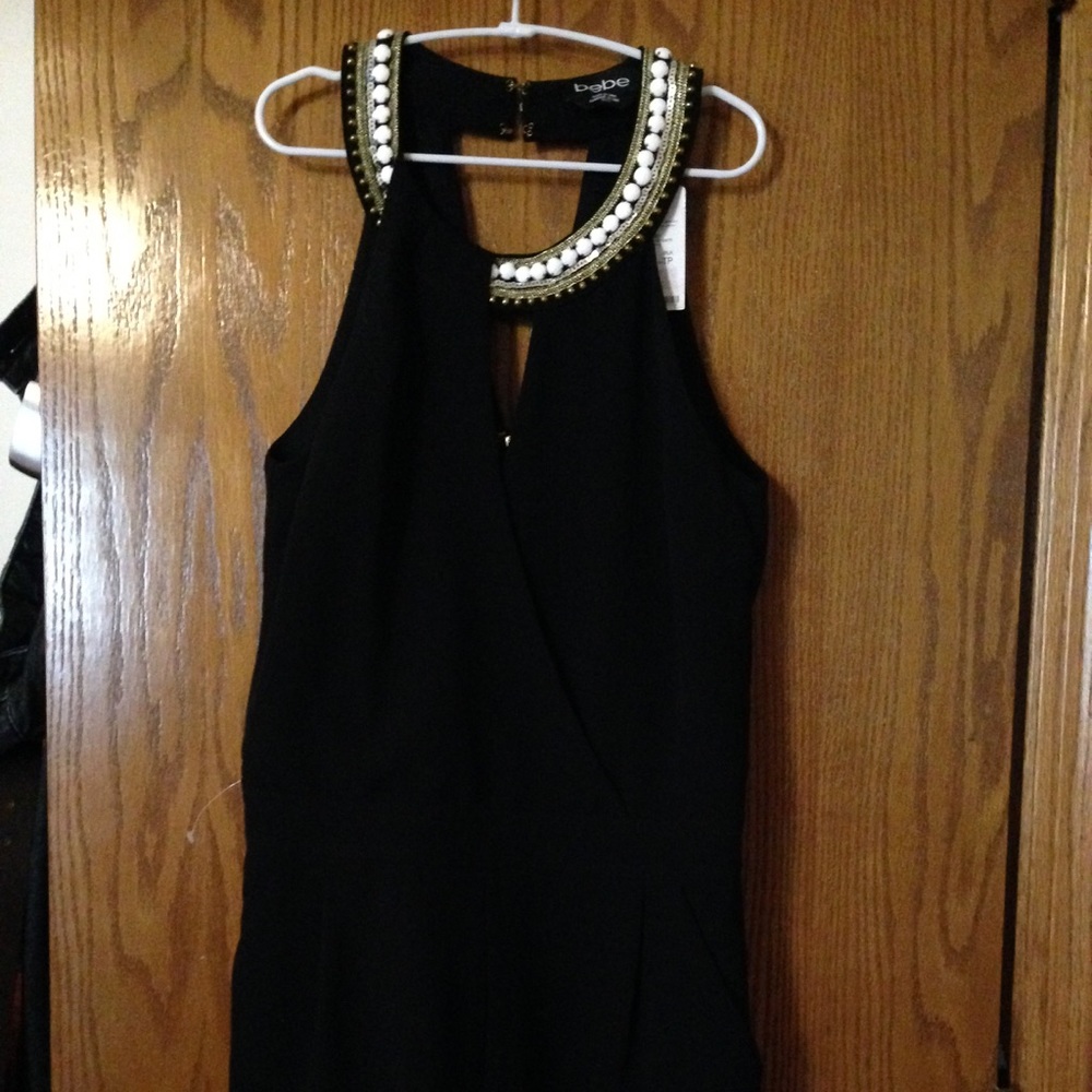 NWT BEBE romper black with white beads neckline XS